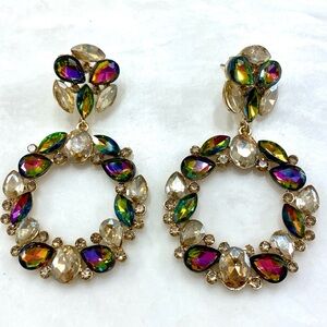 Gold Hoop Earrings with Iridescent Multicolor Teardrop and Champagne Stones